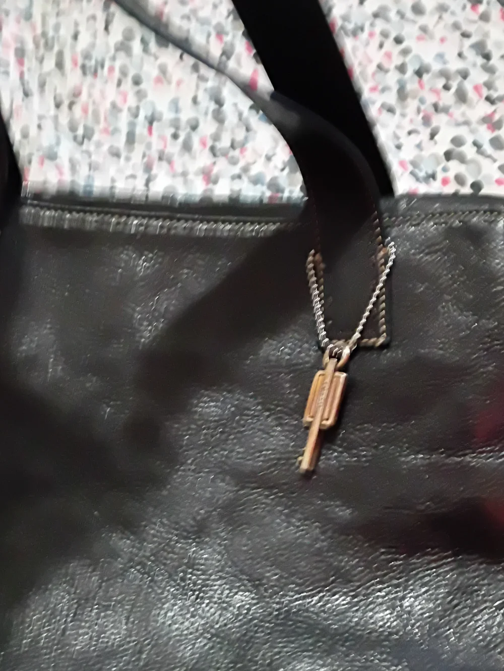 Fossil Black Leather Shoulder Tote with Key Charm